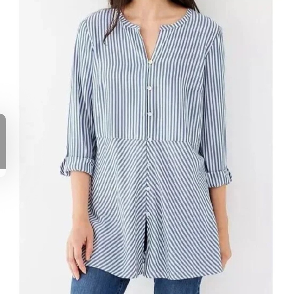 J. Jill Women's Tunic Top White & Blue Stripe Roll Tab Sleeve